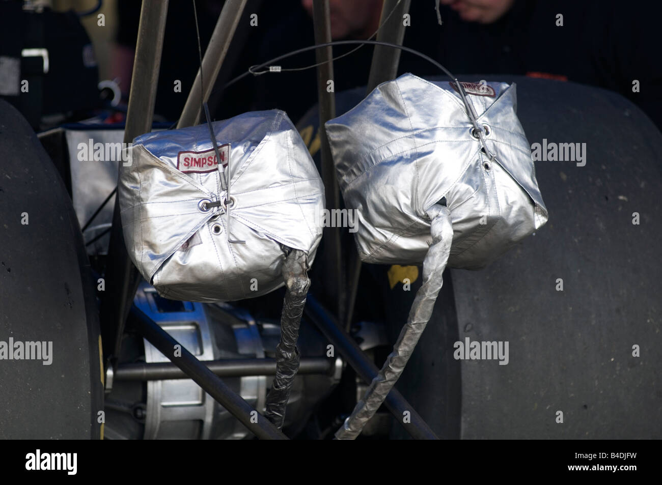 parachutes on a top fuel dragster Stock Photo