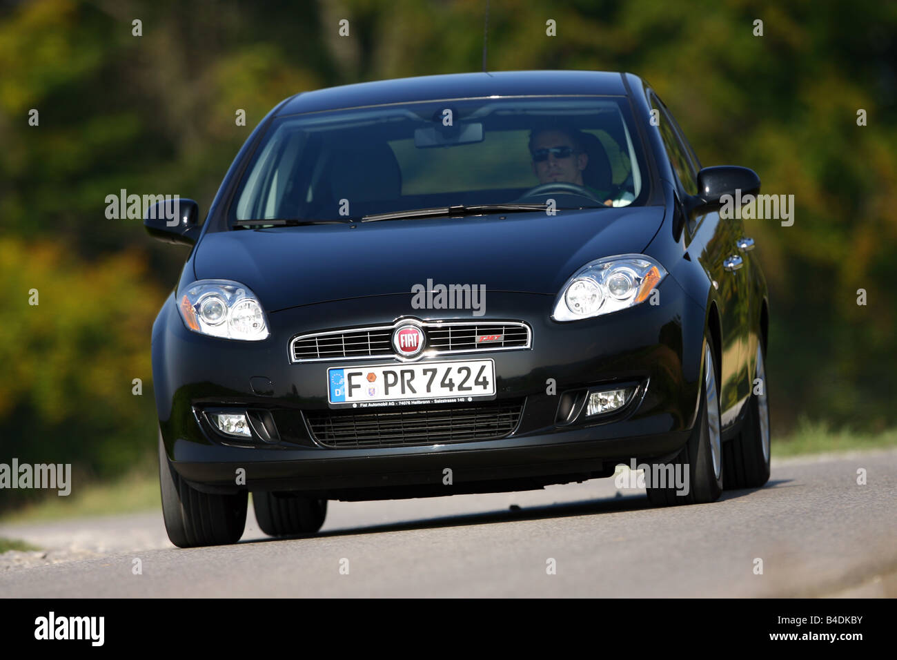 Fiat Bravo 1.4 T-Jet 16V Emotion, model year 2007-, black, driving, diagonal from the front, frontal view, country road Stock Photo
