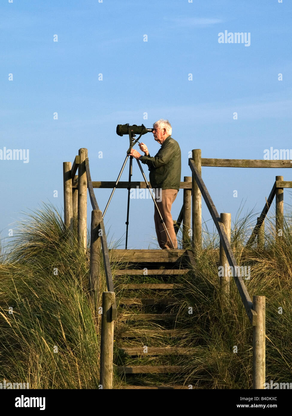 An elderly male birdwatcher looking through a spotting scope at Sizewell beach Suffolk Uk Stock Photo