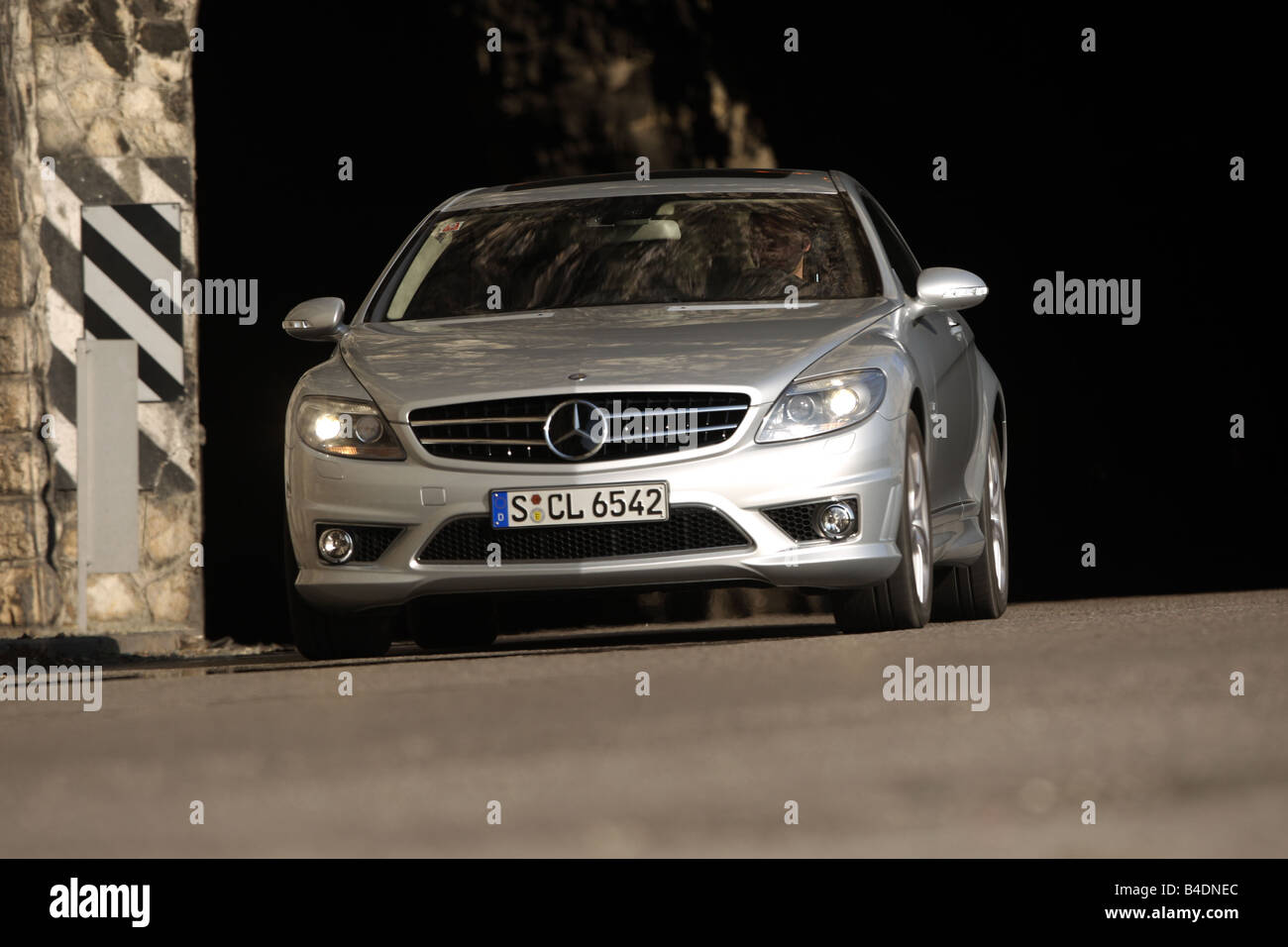 Mercedes CL 65 AMG, model year 2008-, silver, driving, diagonal from the front, frontal view, country road Stock Photo