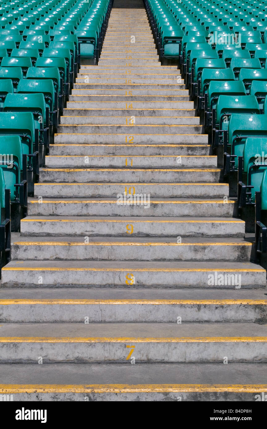 Numbered steps in a sports stadium in between the green pastic seating ...