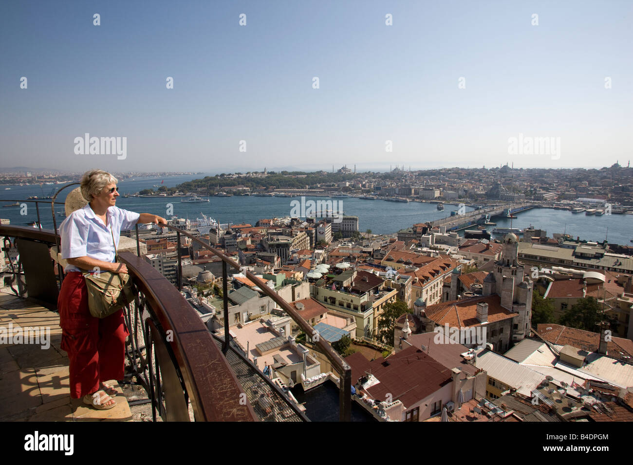 Tourist on top of the Galata Tower Beyoglu Istanbul Stock Photo