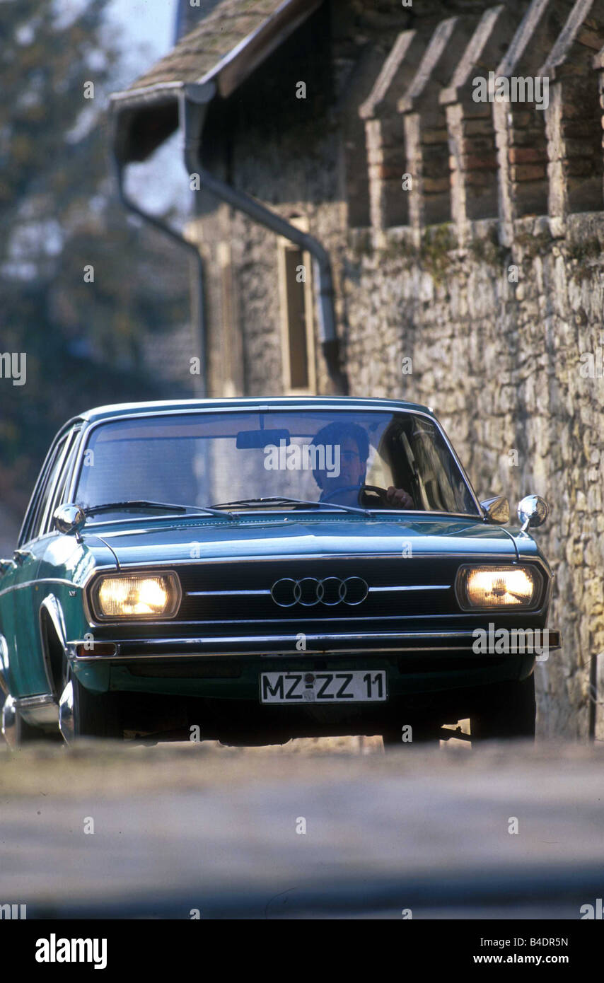Car, Audi 100 LS, model year 1968-1976, Vintage approx., Youngtimer, sixties, The 70s, Limousine, four-door, bluish green, drivi Stock Photo