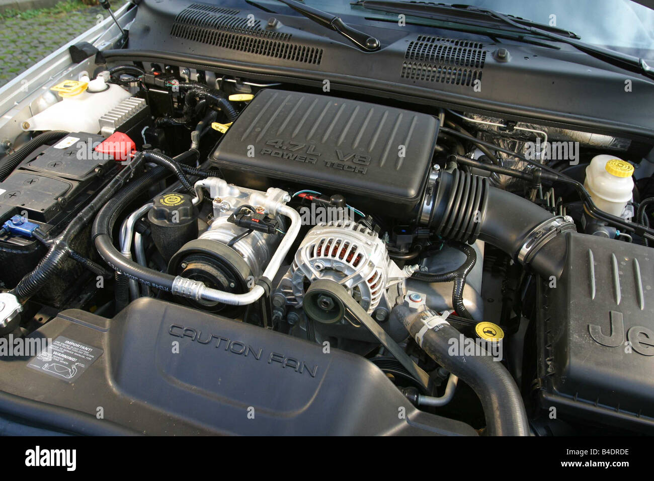 Car, Chrysler Jeep Cherokee V8, cross country vehicle, model year 2001-, silver, view in engine compartment, engine, technique/a Stock Photo