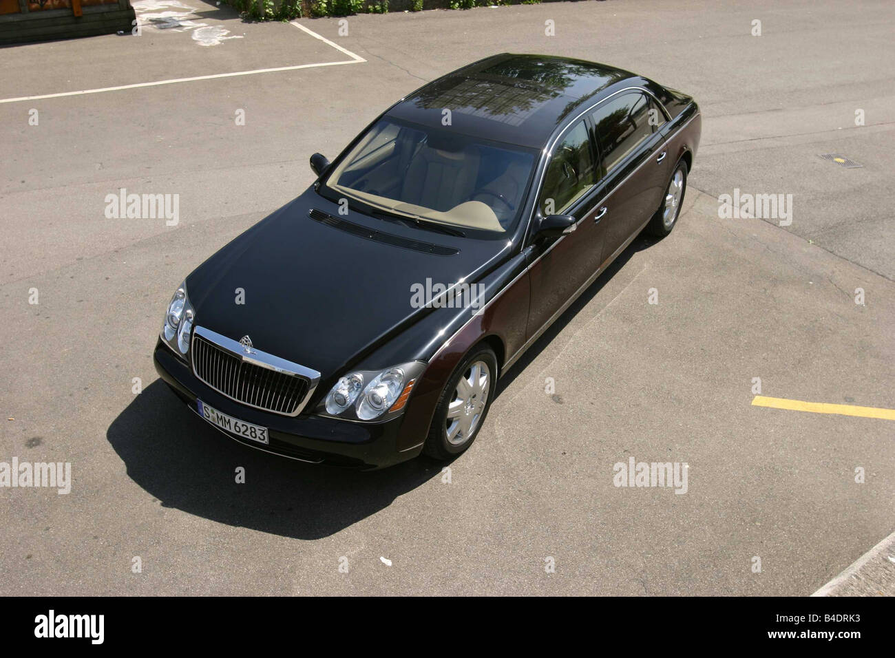 Car, Mercedes Maybach 62, Luxury approx.s, black, model year 2003-, 550 PS, € 418.000,--, standing, upholding, diagonal from abo Stock Photo