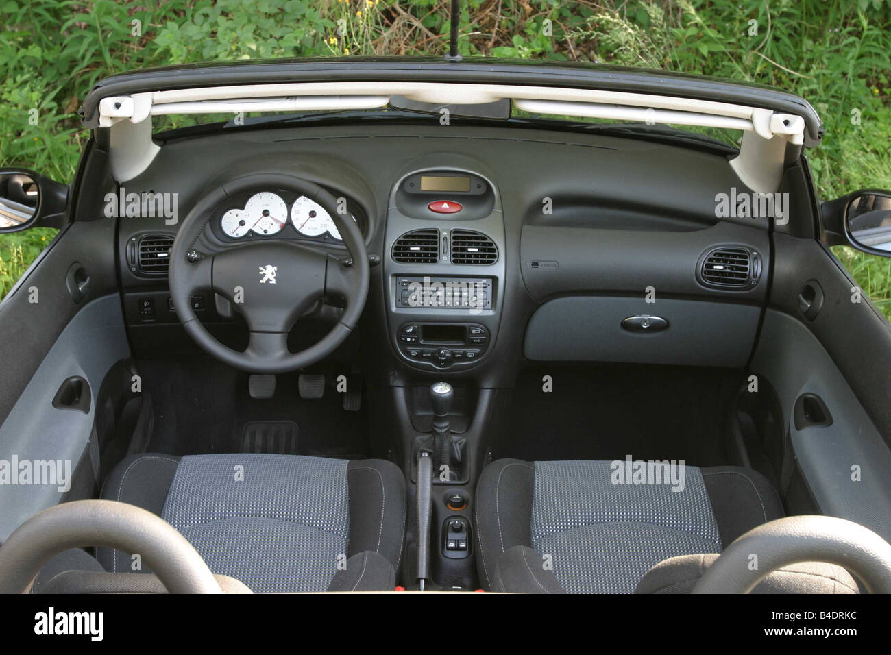 Car, Peugeot 206 CC, Convertible, model year 2000-, black, open top, country road, interior view, Interior view, Cockpit, techni Stock Photo