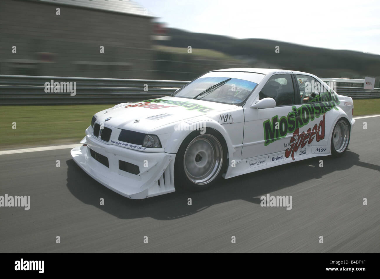 Car, BMW M2 GTR, white, diagonal from the front, side view, driving, race track, Test track Stock Photo