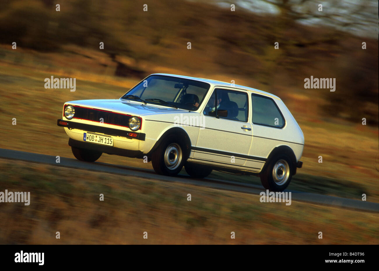 Car, VW Volkswagen Golf GTI MK1, white, model year 1977, The 70s, Limousine, driving, diagonal from the front, frontal view, cou Stock Photo