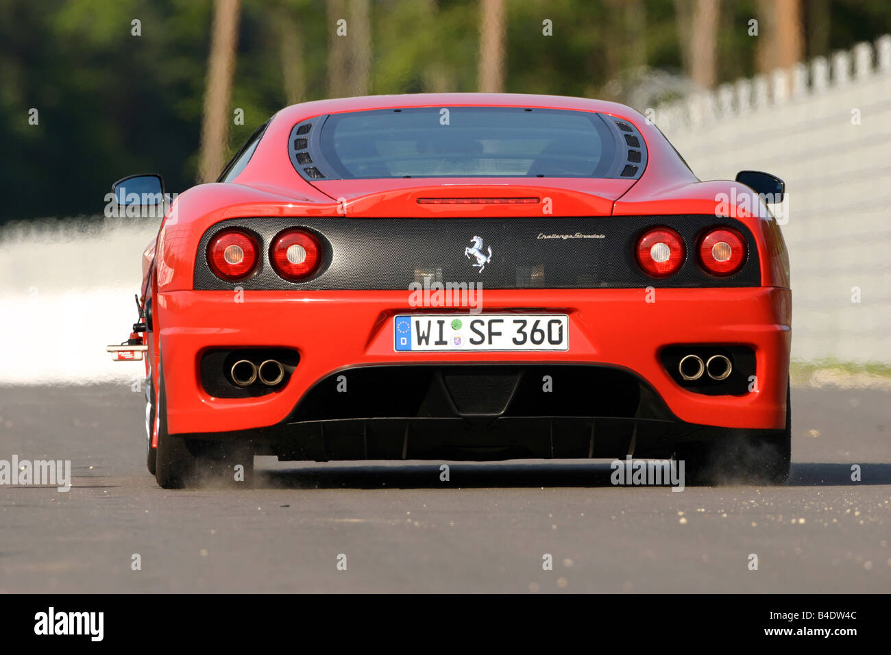 Car, Ferrari 360 Challenge Stradale, roadster, coupe/Coupe, red, standing, upholding, Rear view Stock Photo