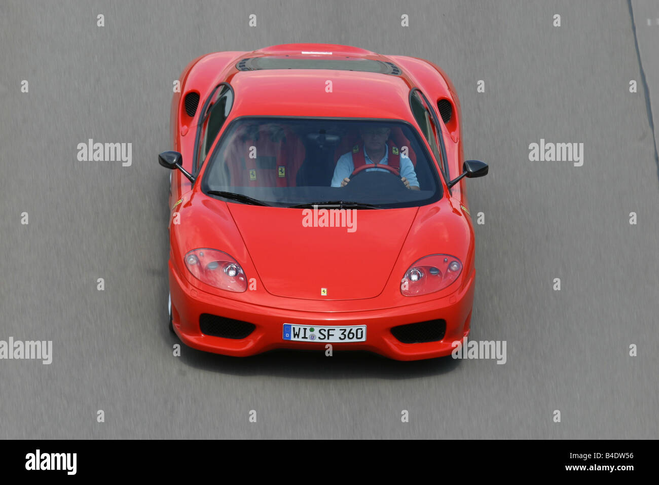 Car, Ferrari 360 Challenge Stradale, roadster, coupe/Coupe, red, standing, upholding, diagonal from above, Front view Stock Photo