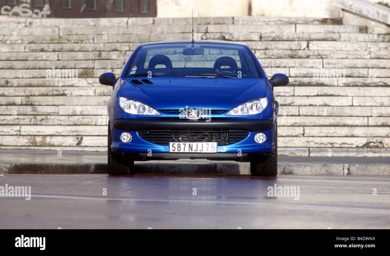 Car, Peugeot 206 CC, Convertible, model year 2000-, blue, open top, standing, upholding, City, frontal view, Paris Stock Photo