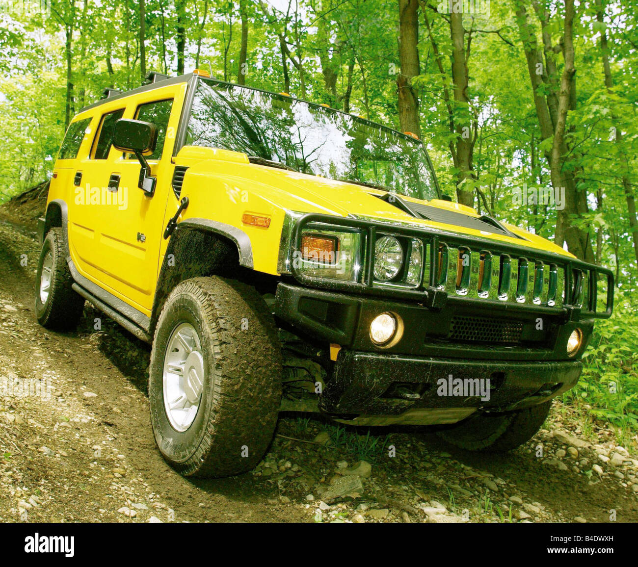 Car, Hummer H2, cross country vehicle, model year 2001-, yellow, driving, offroad, Forest, diagonal from the front, ams 26/2002, Stock Photo