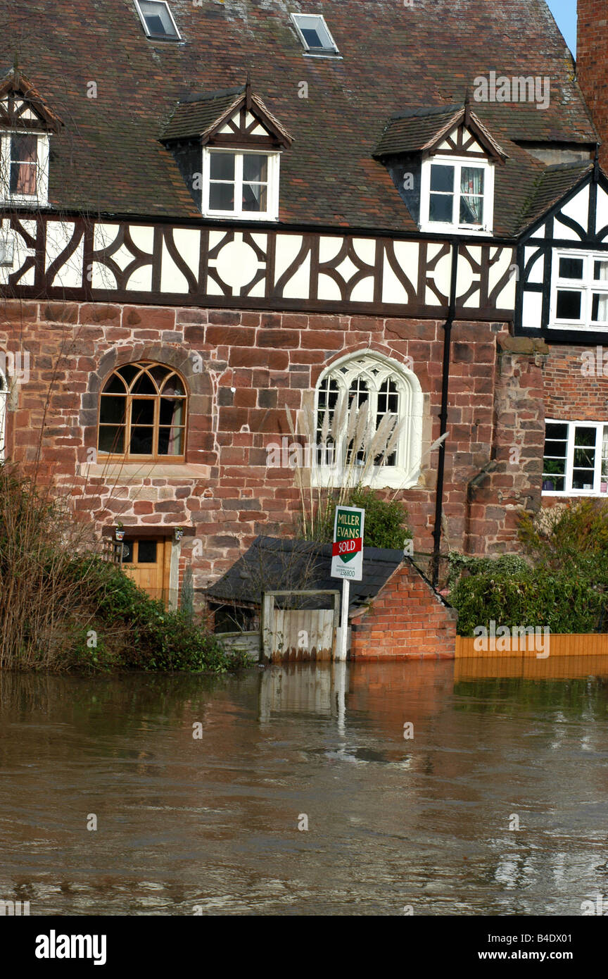 Flooded house by the River Severn at St Julian's Friars, Shrewsbury