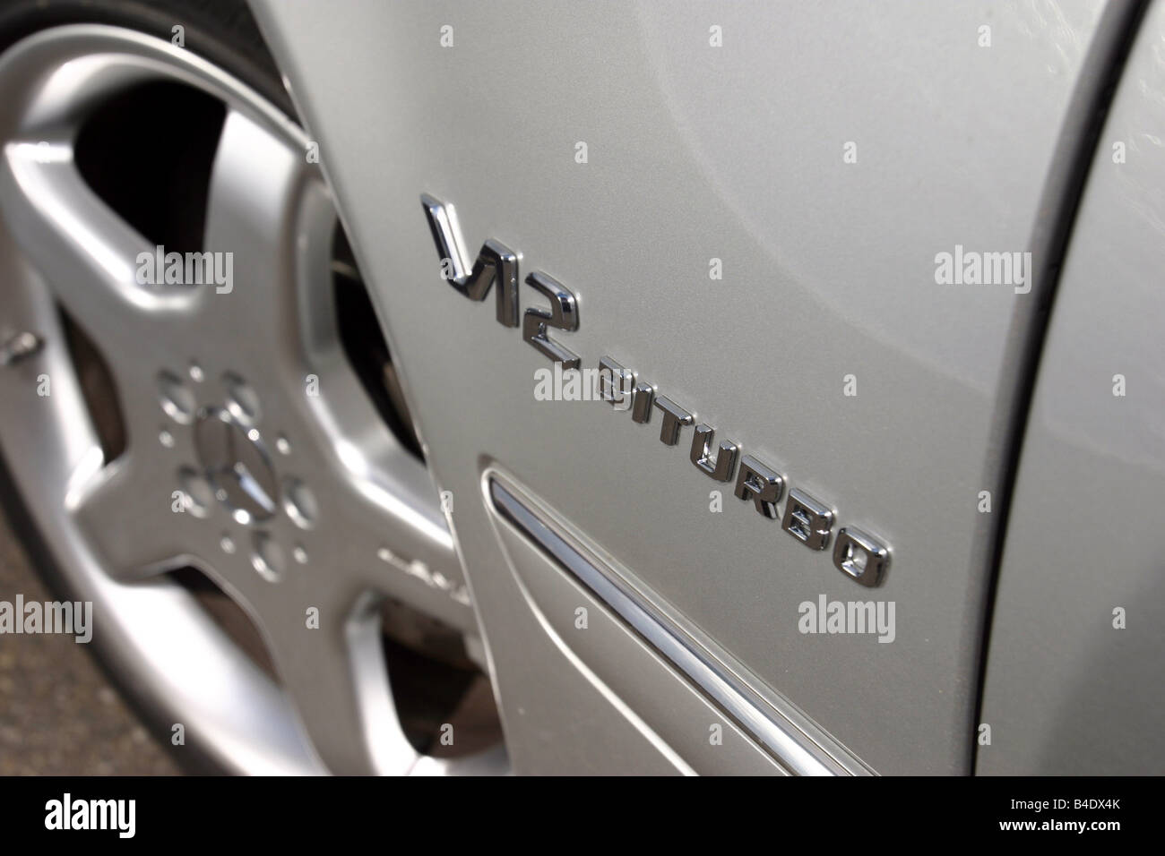 Car, Mercedes CL 65 AMG, model year 2003, silver, Limousine, Detailed view, Model designation Stock Photo
