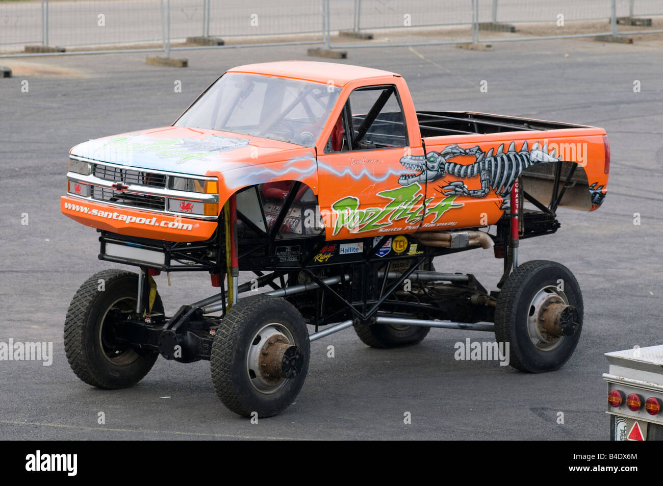 a monster on its travel wheels so it can be fitted into a truck for  transporting to the next event Stock Photo - Alamy