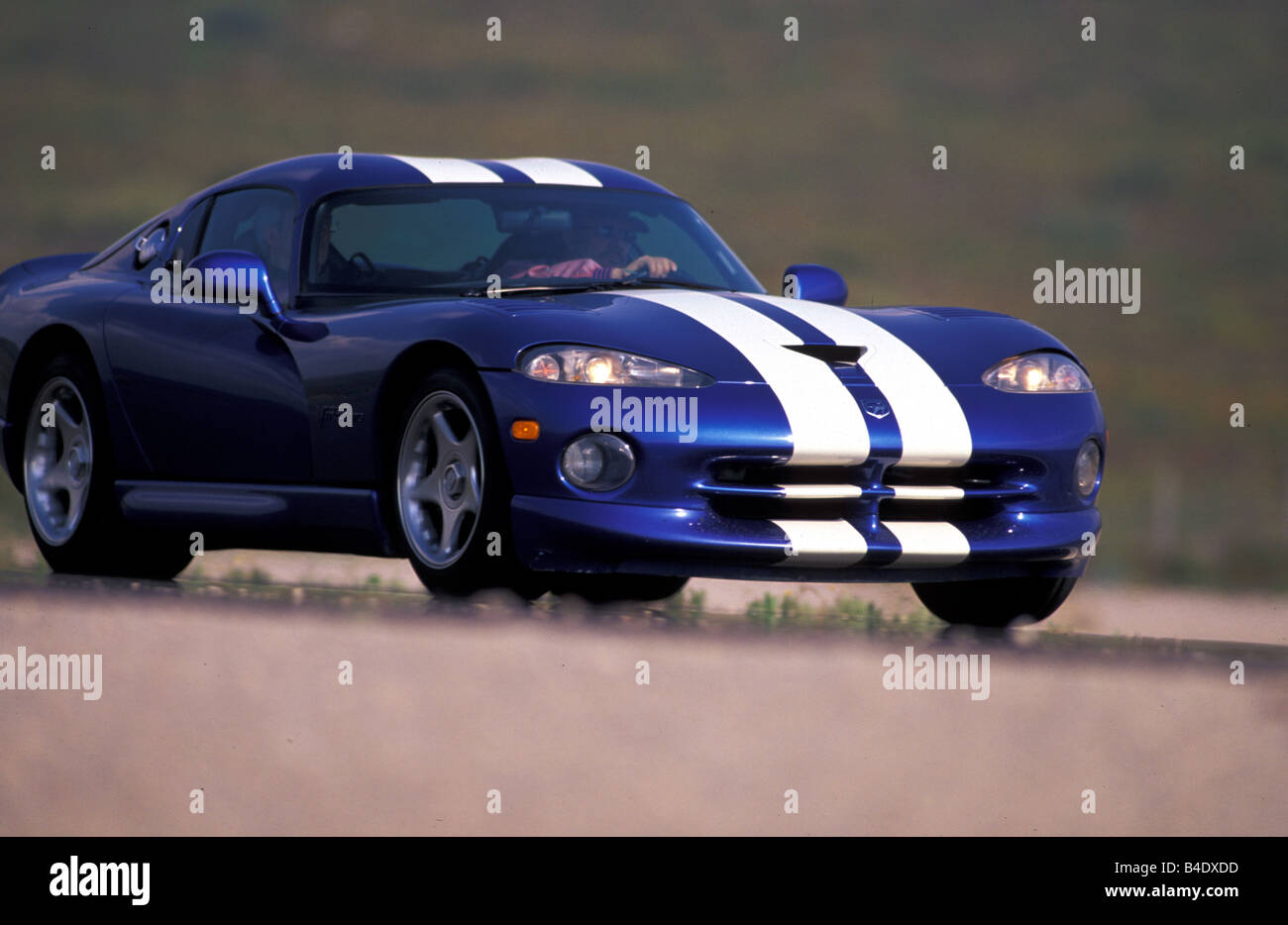 Car, Dodge, Chrysler Viper GTS, roadster, model year 1997, blue-white, coupe/Coupe, driving, diagonal from the front, behind, fr Stock Photo