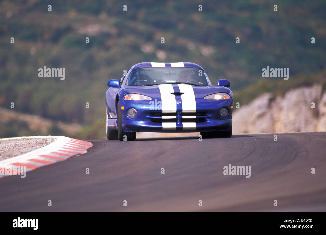 Car, Dodge, Chrysler Viper GTS, roadster, model year 1997, blue-white, coupe/Coupe, driving, diagonal from the front, frontal vi Stock Photo