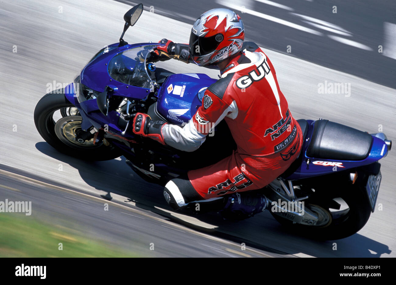 engine cycle, Sports motor cycle, Sportsman, Honda Fireblade, blue, model year 2003, driving, inclined position, side view, from Stock Photo