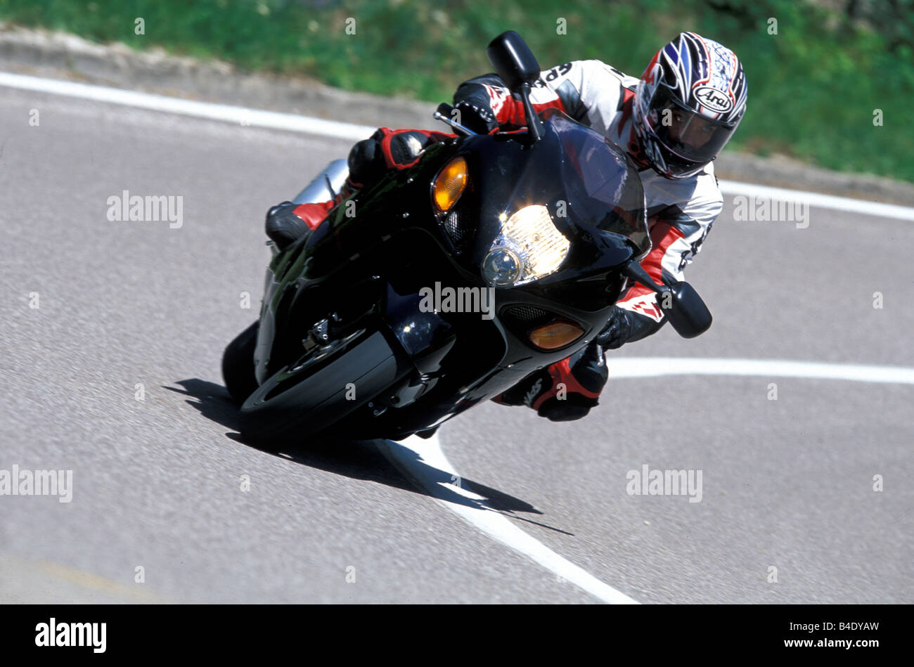 engine cycle, Sports motor cycle, Sportsman, Suzuki GSX 1300 R Hayabusa, black, model year 2003, driving, inclined position, Sid Stock Photo