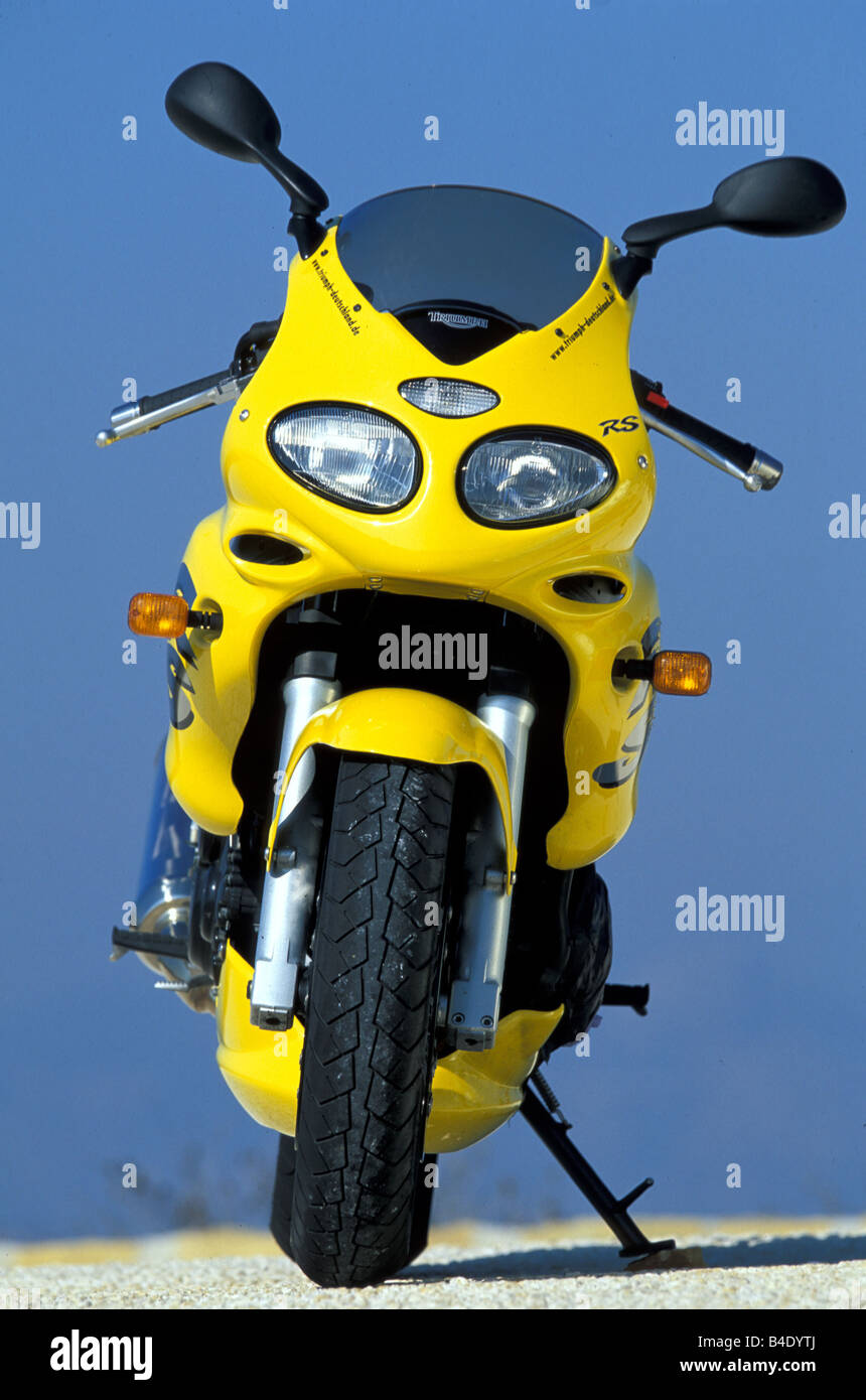 engine cycle, Sports motor cycle, Sporttourer, Triumph Sprint RS, yellow,  model year 2003, standing, upholding, from the front Stock Photo - Alamy