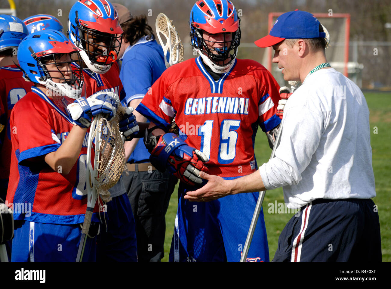 coach talking to lacrosse team in Columbia Maryland Stock Photo