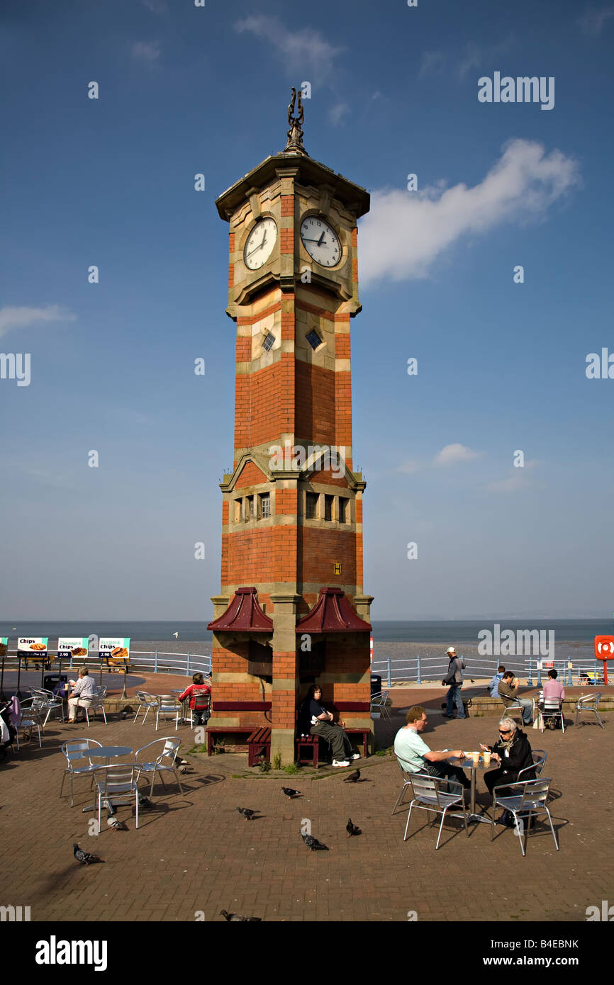 Victorian clock tower on promenade with snack bar Morecambe Lancashire England UK Stock Photo