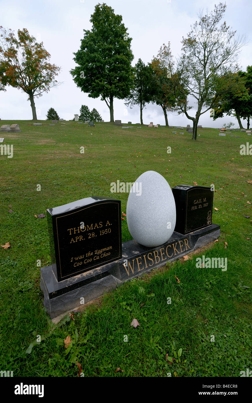 This unusual grave in the United Cemetery in Pittsburgh, Pennsylvania, is engraved with a lyric from a Beatles song. Stock Photo