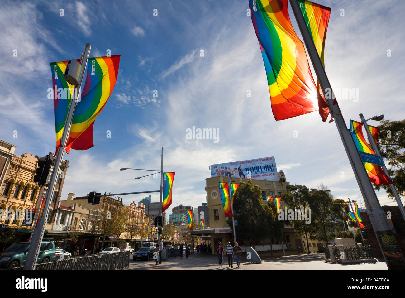 Taylor Square Sydney NSW Australia. Rainbow banners flying from banner poles in the traditional heart of the gay, LGBT community Stock Photo