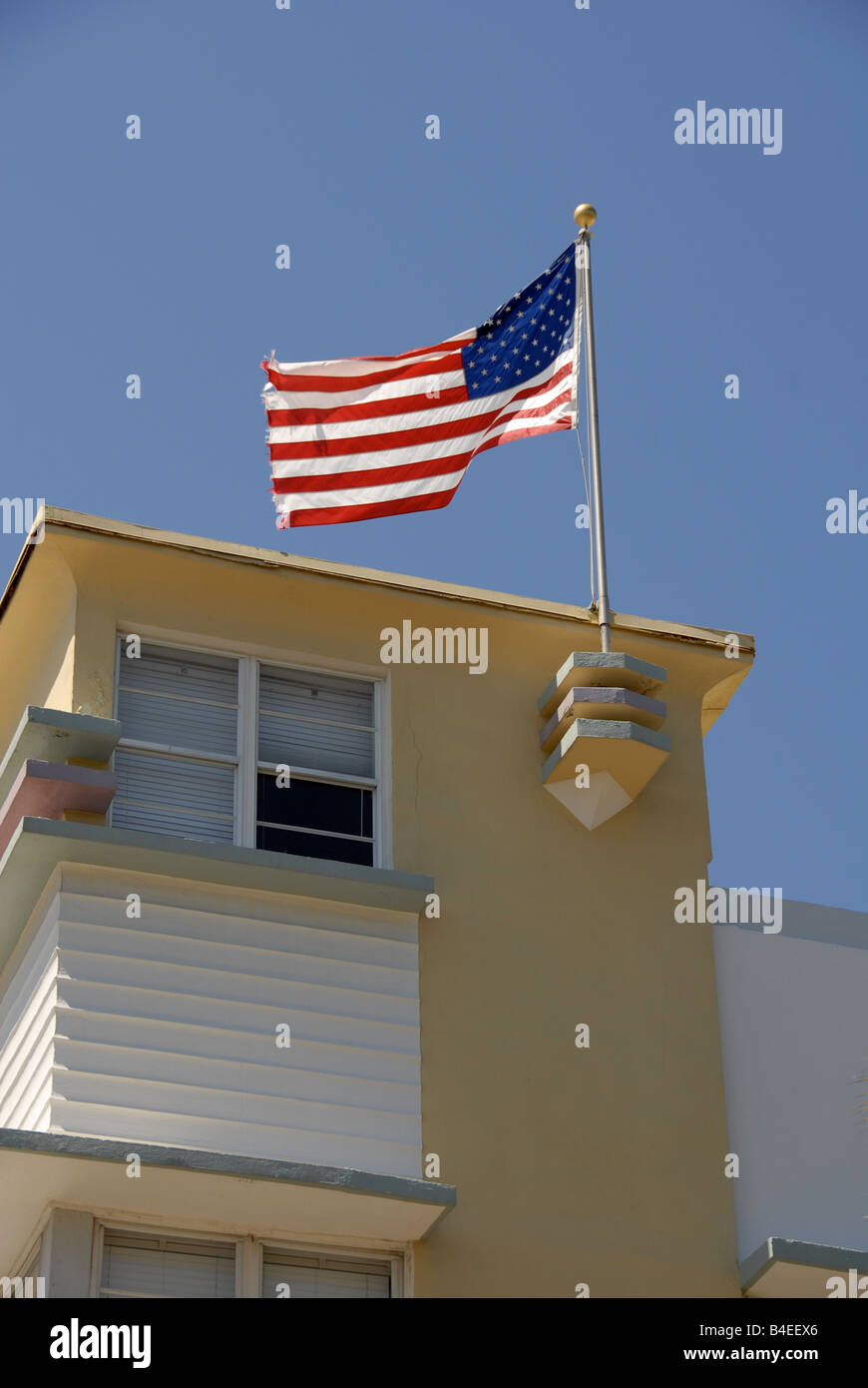 South-Beach Miami building flying American flag. Stock Photo