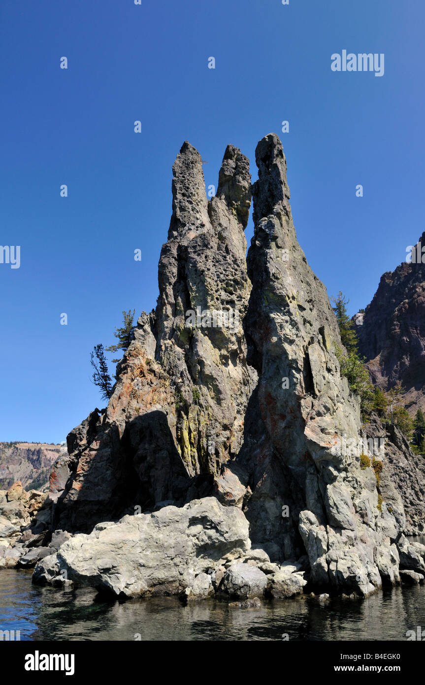 Close up view of the Phantom Ship, a volcanic rock tips above the lake surface. The Crater Lake National Park, Oregon, USA. Stock Photo