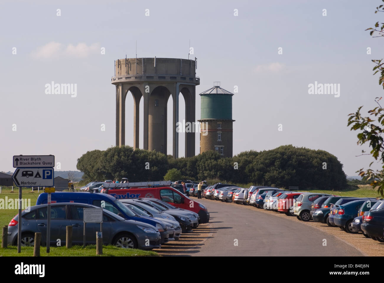 View of the water tower and car parking on the common at Southwold,Suffolk,Uk Stock Photo