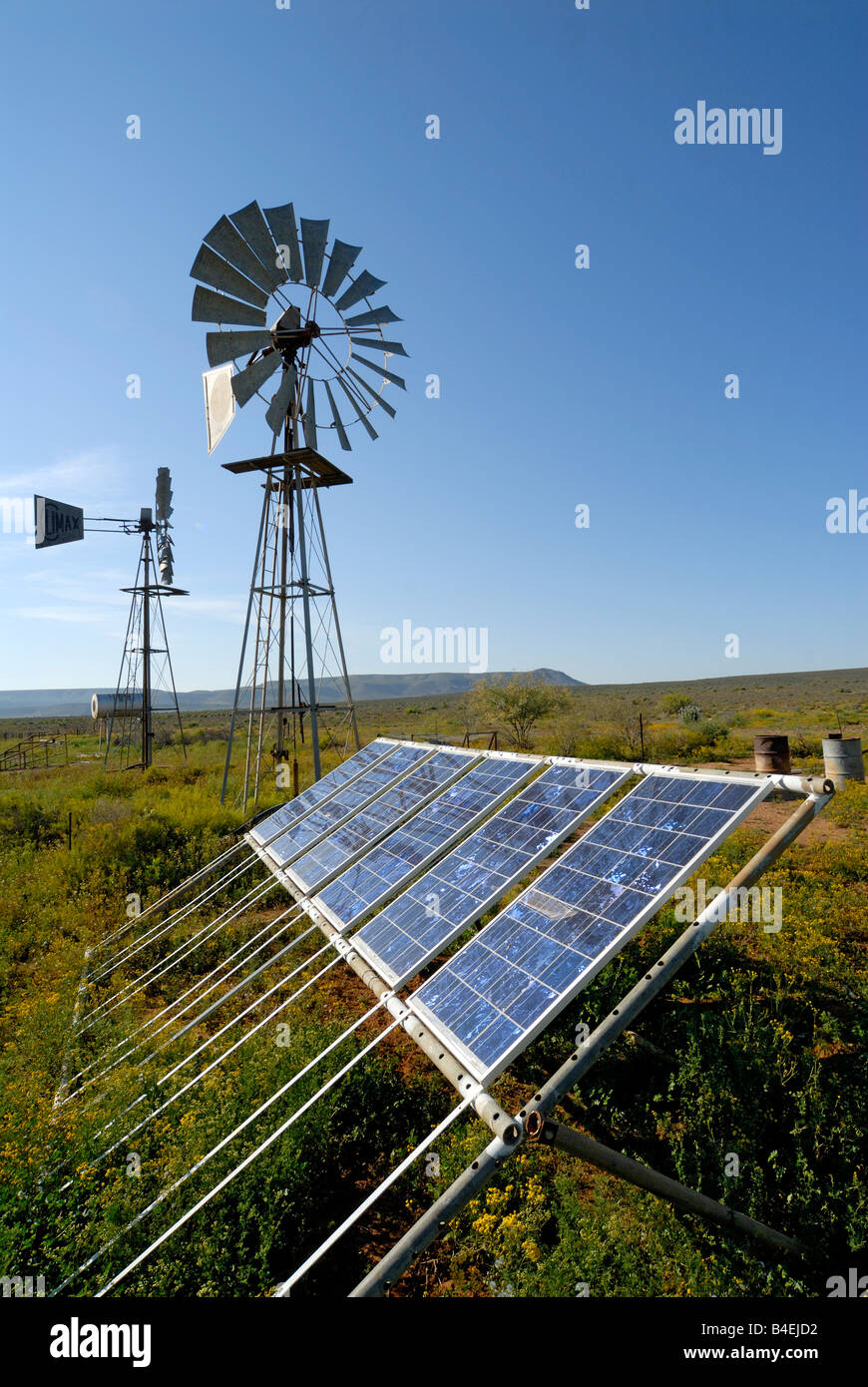 Solar Cell panels generate electricity on remote farm Nieutville Northern Cape South Africa Stock Photo