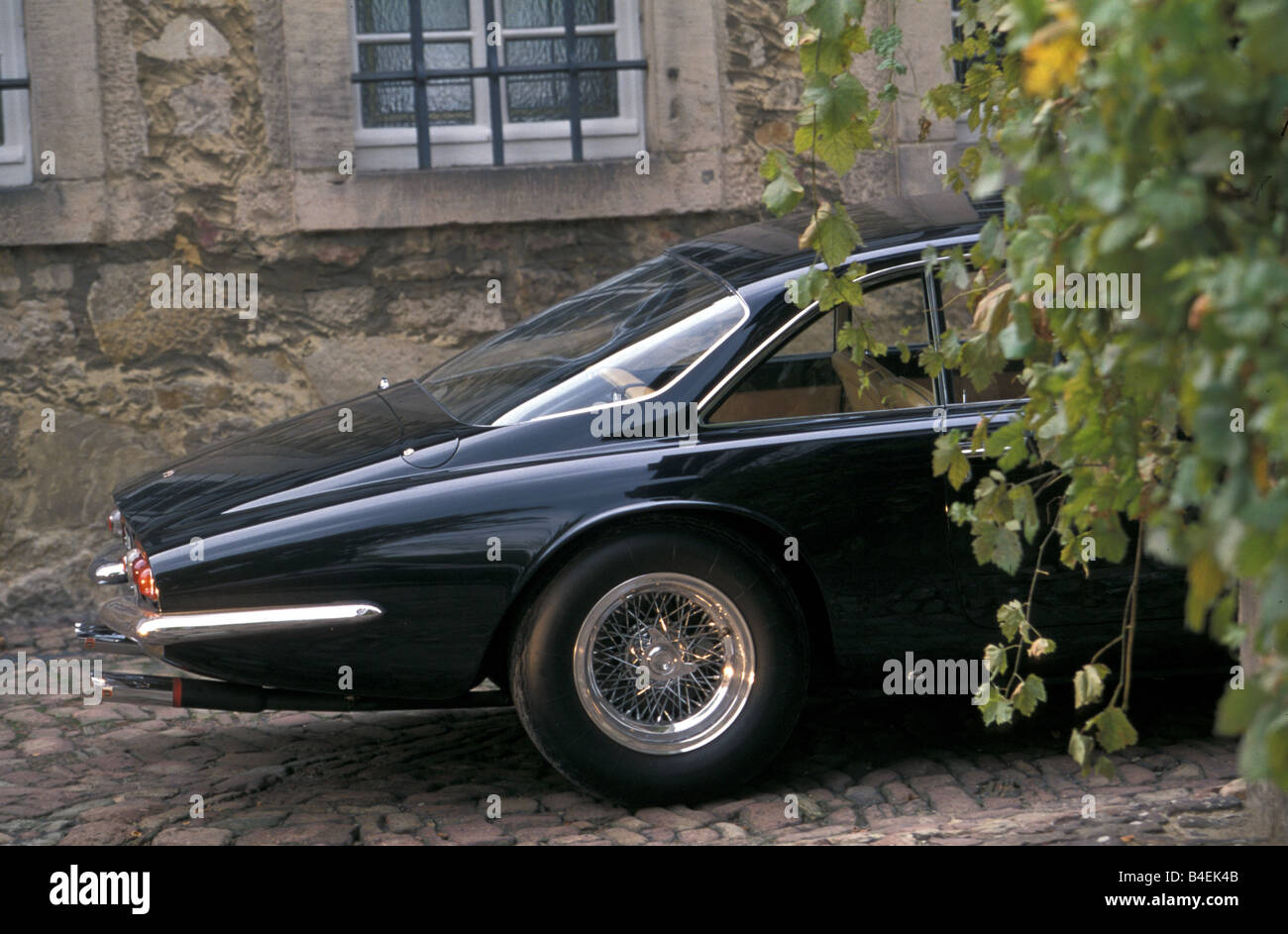 Car, Ferrari 500 Superfast, model year 1964, black, Coupé, Coupe, vintage car, 1960s, sixties,  standing, side view, landscape, Stock Photo