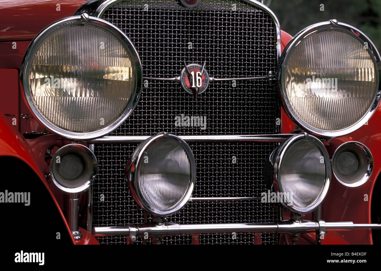 Car, Cadillac V16, vintage car, red, model year 1930-1931, convertible,  1930s, thirties, detail, details, headlights, headlight Stock Photo