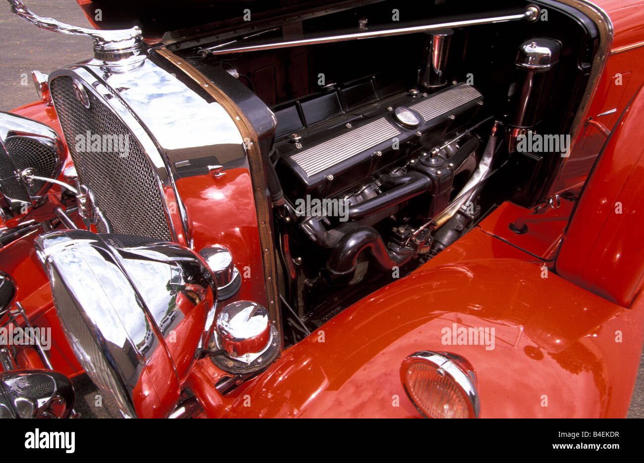 Car, Cadillac V16, vintage car, red, model year 1930-1931, convertible,  1930s, thirties, engine compartment, engine , technics, Stock Photo