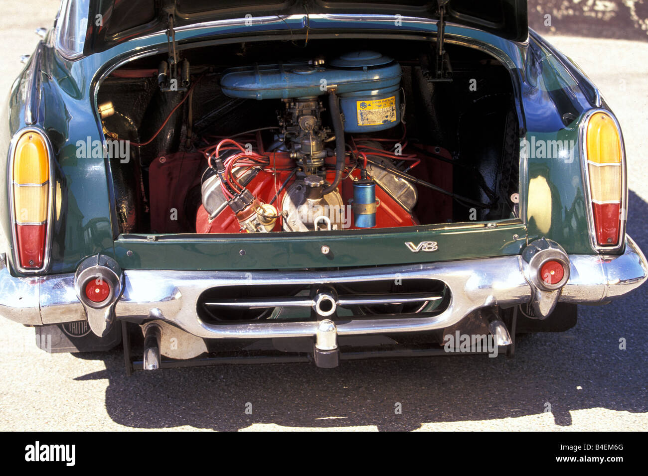 Car, Tatra 603, model year 1964, vintage car, 1960s, sixties, green, sedan,  engine compartment, engine , technics, technical, t Stock Photo