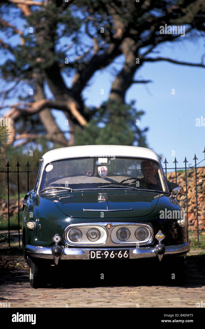 Car, Tatra 603, model year 1964, vintage car, 1960s, sixties, green, sedan,  standing, front view, landscape, scenery Stock Photo