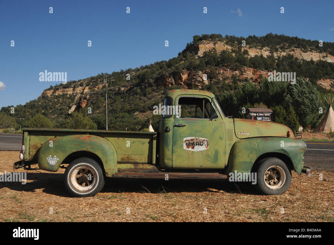 Chevy truck outside a garage on Highway 9, outside Zion National Park, Utah. Stock Photo