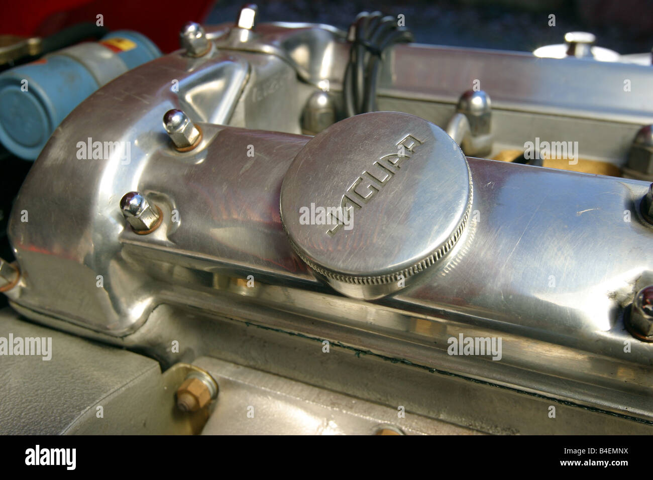 Car, Jaguar E-Type S1 4.2, model year 1965, convertible, vintage car, 1960s, sixties, red, 265 PS, detail, details, Motorraum, l Stock Photo