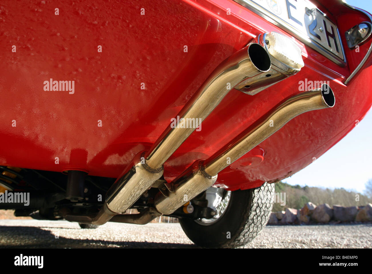 Car, Jaguar E-Type S1 4.2, model year 1965, convertible, vintage car, 1960s, sixties, red, 265 PS, detail, details, exhaust, tec Stock Photo