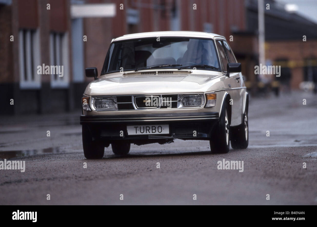 Car, Saab 99 turbo, white, old car, driving, diagonal front, front view, photographer: Reinhard Mutschler Stock Photo