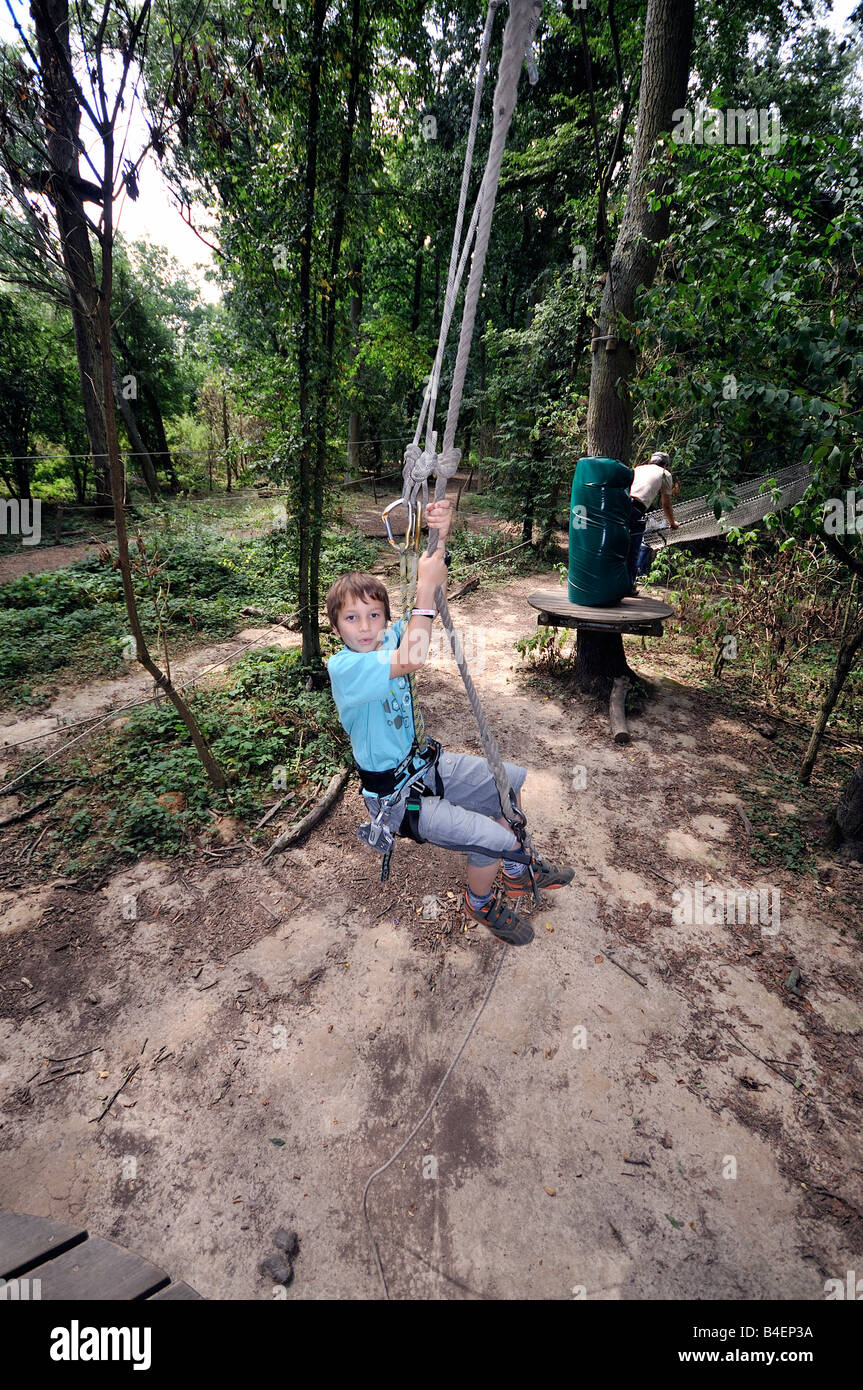 Rope climbing adventure on height trees in forest Stock Photo Alamy
