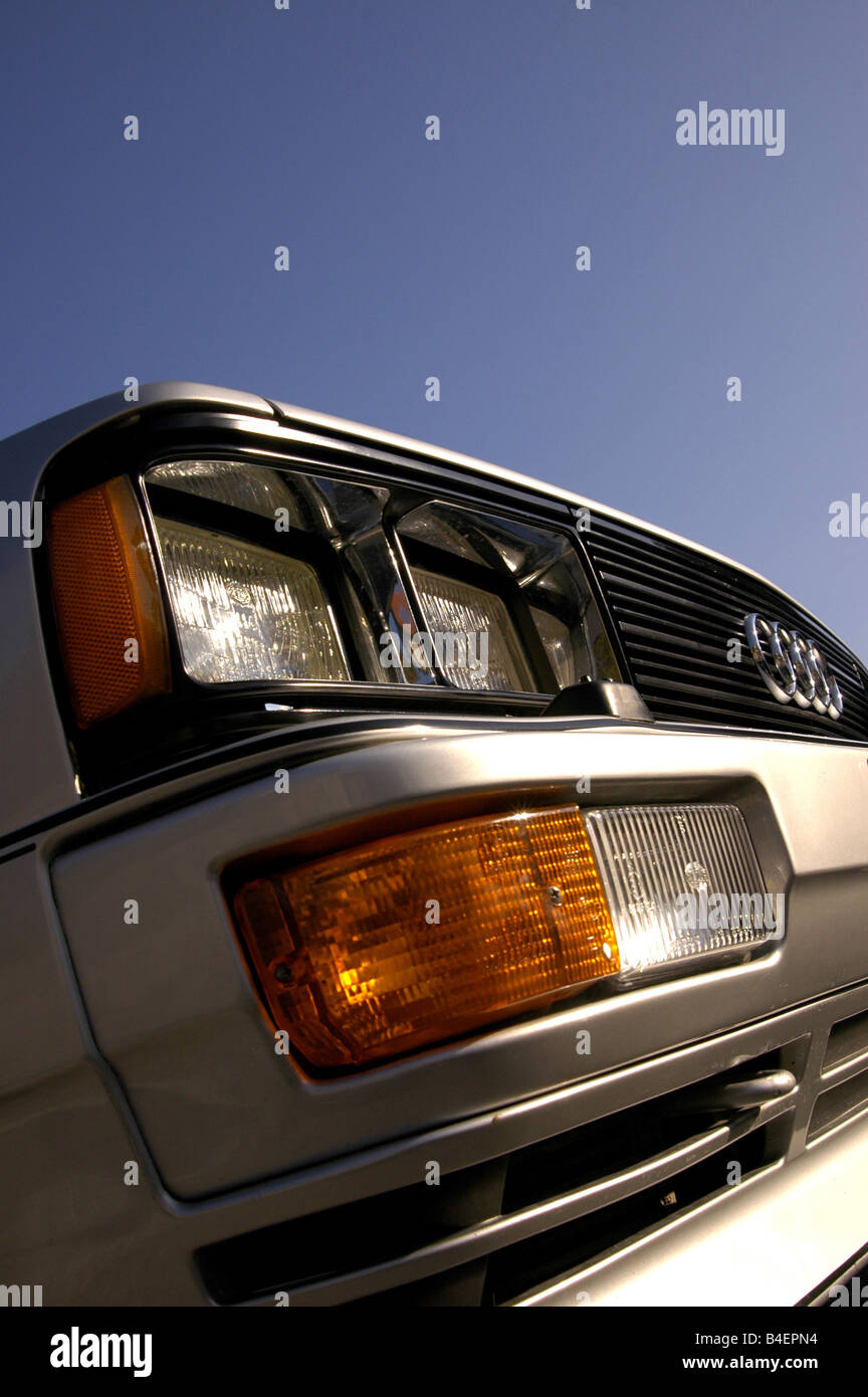 Car, Audi Quattro, model year 1981-1991, silver, old car, sedan, detail, details, headlights, headlight, headlamp, headlamps, te Stock Photo