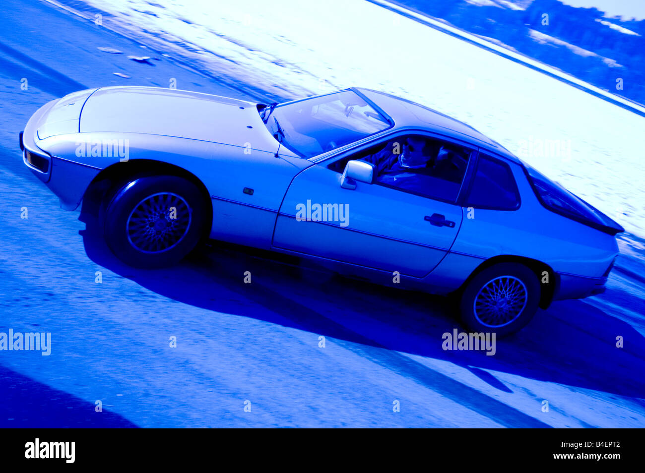 Car, Porsche 924, model year 1977, beige-metallic, Coupé ,  Coupe, old car, standing, side view, road, country road, photographe Stock Photo