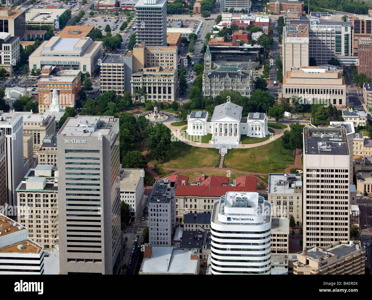 aerial above Virginia state capital, Richmond, VA Wachovia SunTrust downtown buildings Stock Photo