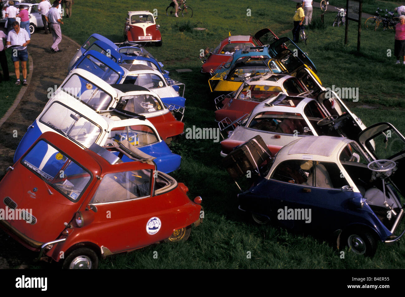 Car, BMW Isetta-Treffen, vintage car, below 1950s, fifties, standing, landscape, scenery, photographer: Hans Dieter Seufert Stock Photo