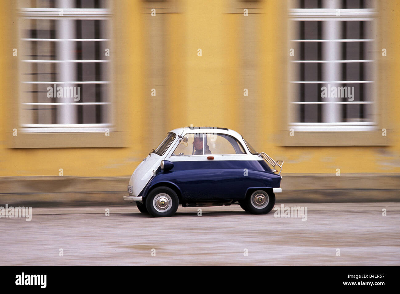Car, BMW Isetta, vintage car, below 1950s, fifties, white-blue, driving, side view, city, landscape, scenery, photographer: Hans Stock Photo