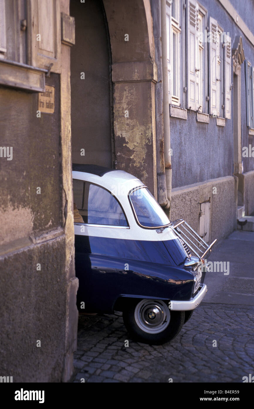 Car, BMW Isetta, vintage car, below 1950s, fifties, white-blue, standing, side view, city, landscape, scenery, photographer: Han Stock Photo