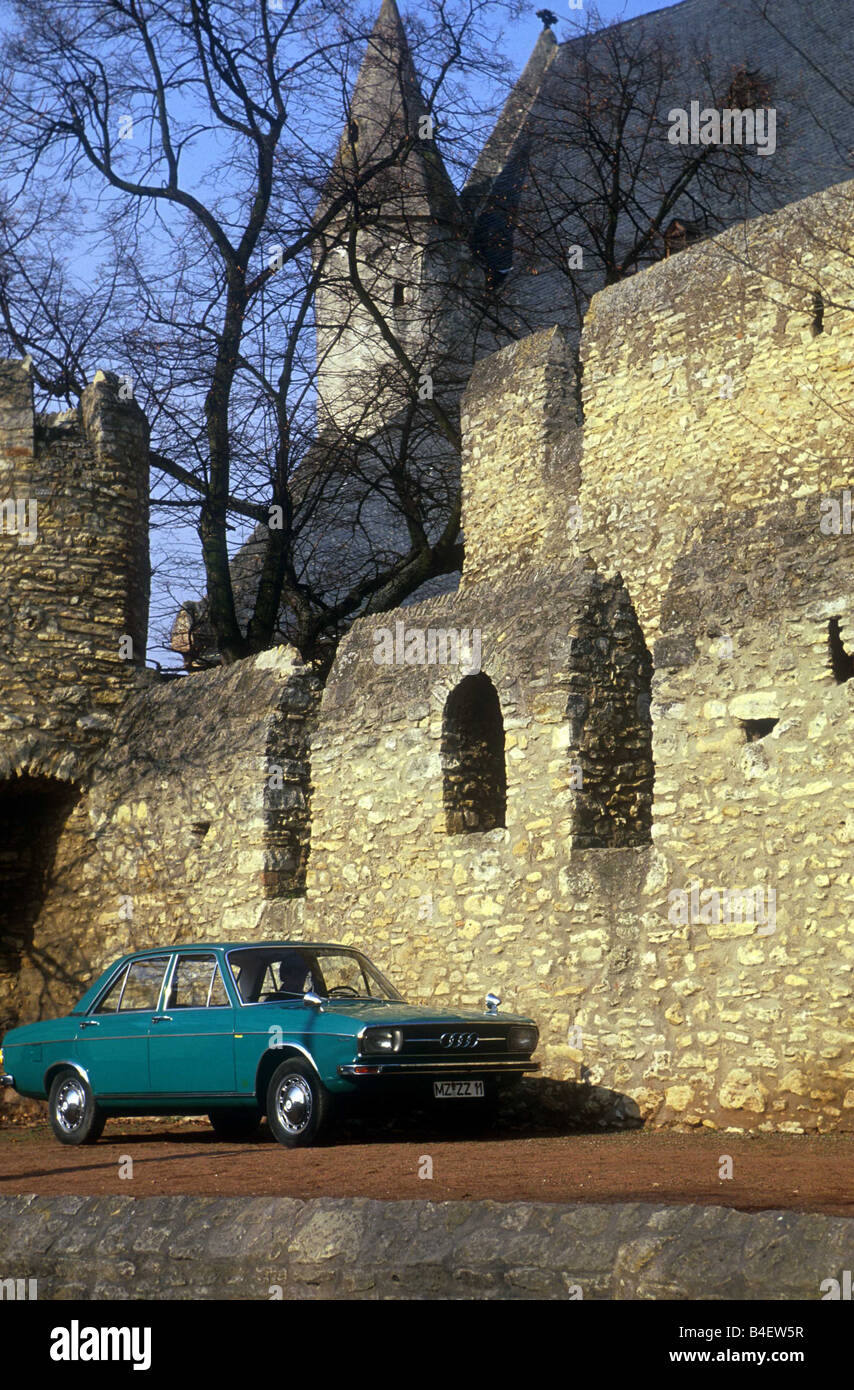 Car, Audi 100 LS, model year 1968-1976, vintage car, old car, 1960s, sixties, 1970s, seventies,  sedan, four-door, blue-green, s Stock Photo