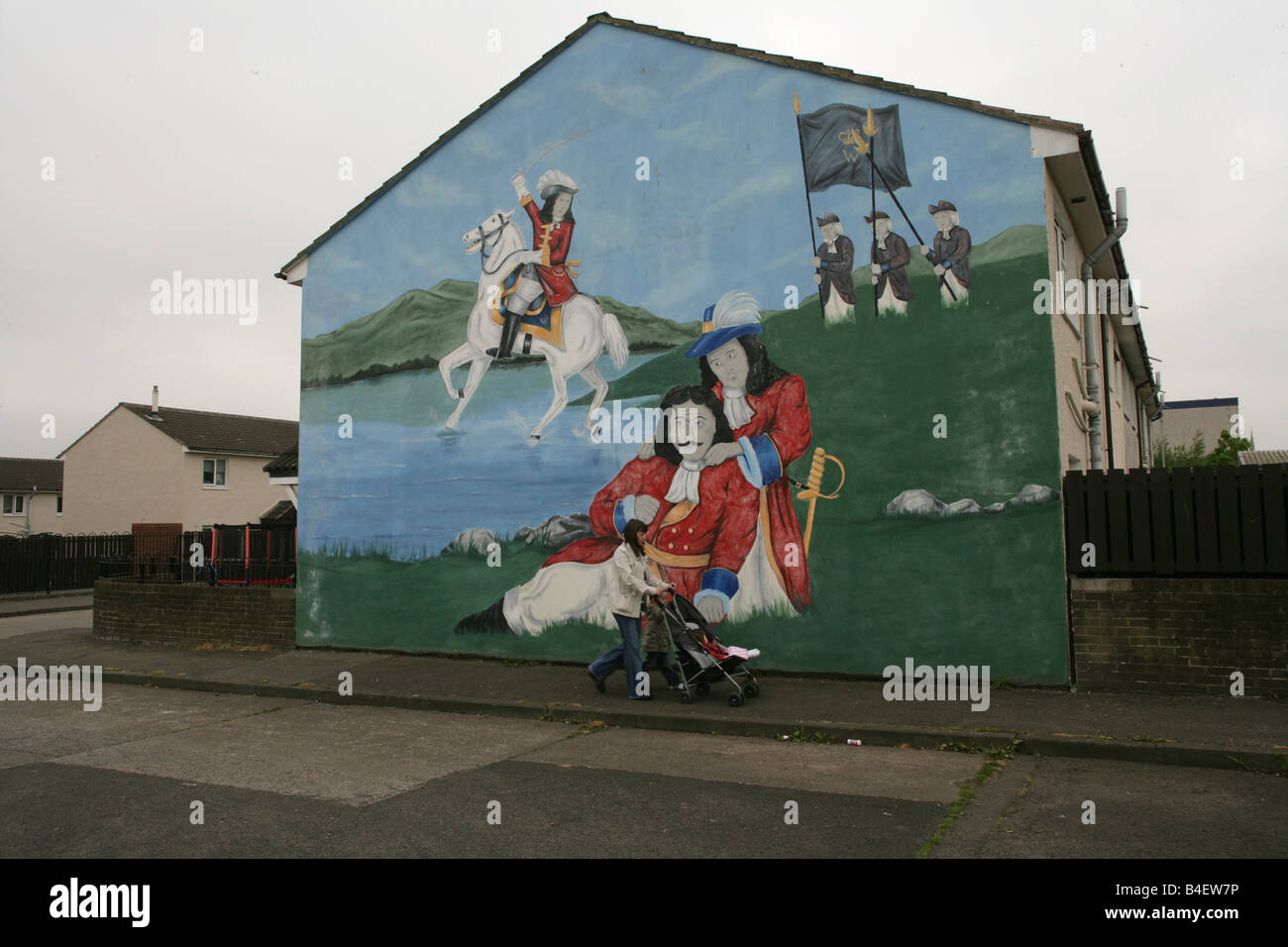 Loyalist mural of King William defeating King James II in Belfast, Northern Ireland, UK Stock